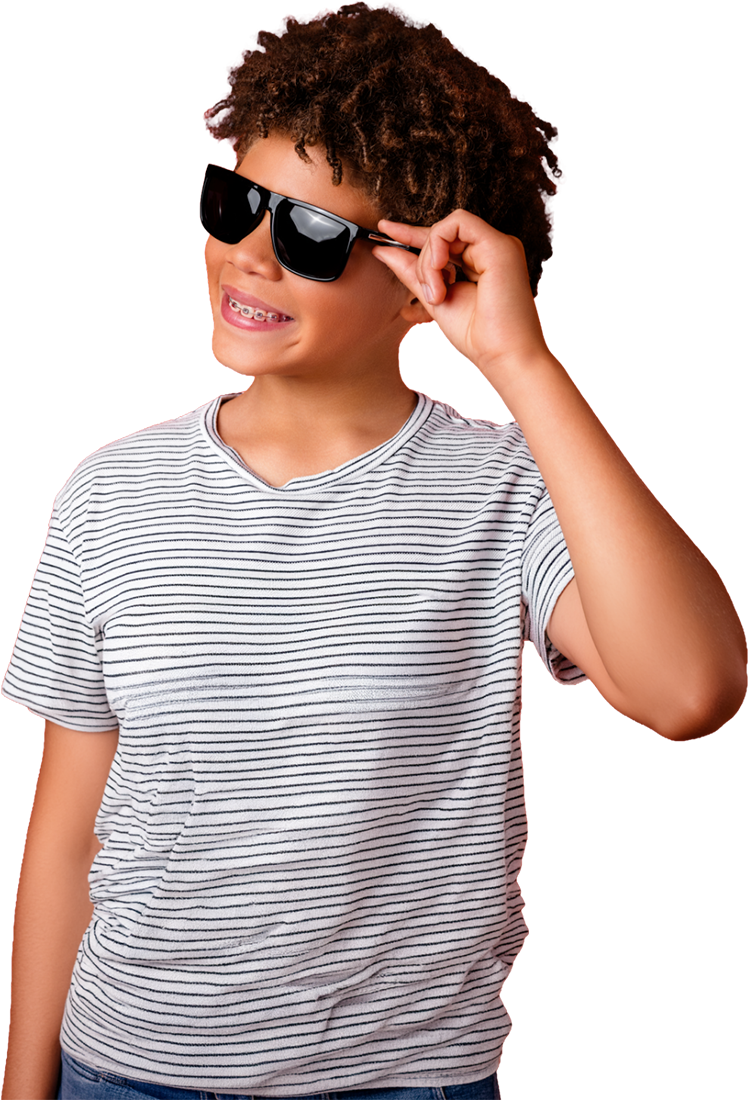 boy with braces wearing sunglasses